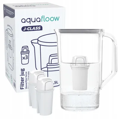 Image de Carafe filtrante AquaFloow 2,5 l gris + 3 cartouches filtrantes – Filtre à eau potable réduisant le calcaire, le chlore, le plomb et le cuivre