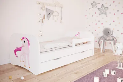 Produktbild von Kinderbett 180x80 mit Rausfallschutz, Lattenrost & Schublade in weiß 80 x 180 Mädchen Bett rosa Einhorn