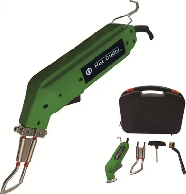 A green hot cutter tool and its accessories are displayed against a white background.