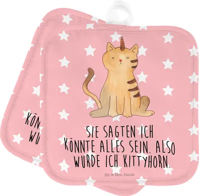 Produktbild von Mr. & Mrs. Panda Topflappen Einhorn Katze - Rot Pastell - Geschenk, Mieze, Set, Erwachsenwerden, Unicorn, Regenbogen, Kochlappen, topfhalter, Topfuntersetzer, 2er