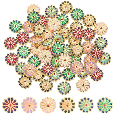 Blumen-Emaille-Perlen, 66 Stück, 6 Farben, Legierung, flach rund, Großpackung