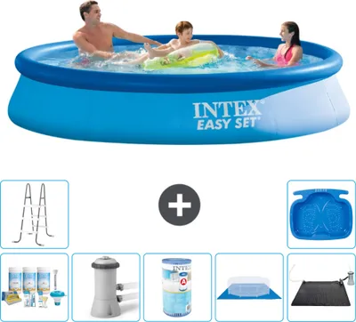 Produktbild von Intex runder aufblasbarer Easy-Set-Pool – 366 x 76 cm – Blau – im Lieferumfang enthalten Wartungspaket - Filterpumpe für Schwimmbad - Filter - Bodenplane - Solarmatte - Leiter