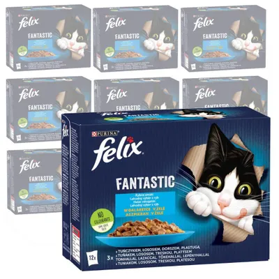 Zdjęcie produktu dla Felix Fantastic Karma Dla Kotów Rybne Smaki W Galaretce 120x85g Tuńczyk Łosoś Dorsz Gładzica
