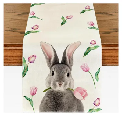 Produktbild von Tischläufer mit Tulpen und Hasen für Ostern, waschbar, modern, Frühling, Nachbildungation für Küche und Esstisch, geeignet für drinnen und draußen, für Feiertage und Partys, Wohnzimmer Nachbildung 40 x 180 cm