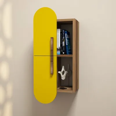 A yellow wall-mounted cabinet with a walnut-colored shelf unit attached.