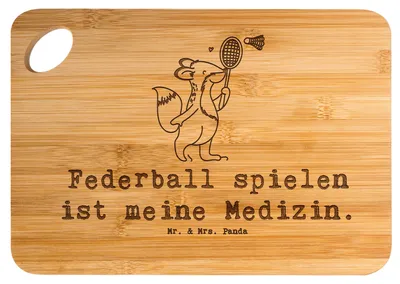 Produktbild von Mr. & Mrs. Panda Holzbrett Fuchs Federball spielen - Transparent - Geschenk, schneidbrett, Hackbrett, Brett, Frühstücksbrett, Schneidebrett, Badminton