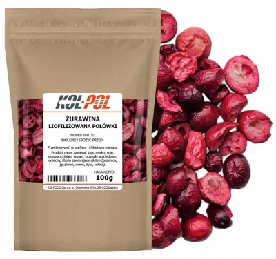 Zdjęcie produktu dla ŻURAWINA LIOFILIZOWANA 100g Połówki naturalna Owoce liofilizowane Kol-Pol
