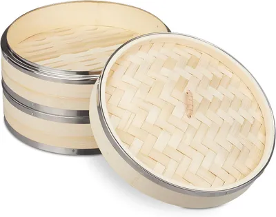 Productafbeelding van Bamboe stoommandje - 2 etages - Ø 24 cm - Metalen randen - Aziatische stomer voor rijst - Dim sum - Natuur