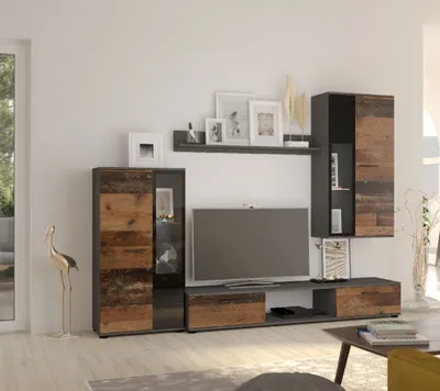 Produktbild von Wohnwand SALSA Schrankwand TV-Schrank Wandregal 2xVitrine Wohnkombi Wohnzimmer Anbauwand Old Style/Matera