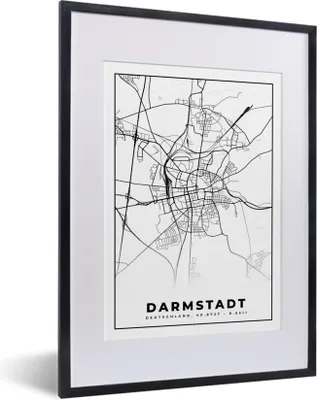 Produktbild von MuchoWow® Gerahmtes Poster Karte - Darmstadt - Stadtplan - Wegbeschreibung 30x40 cm - Poster mit Schwarzem Bilderrahmen Wandposter Rahmen Foto Bilder - Wandposter Schlafzimmer