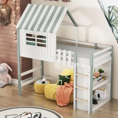 Image de MODFU Lit Mezzanine 90x200 cm - Lit Enfant avec Échelle, Bureau de Rangement et Structure Cabane, Bois Massif MDF - Sans Matelas - Vert