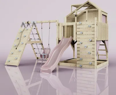 Produktbild von OutdoorToys Outdoor Spielturm mit Wellenrutsche, Spielhaus aus Holz mit Kletterwand, Kletternetz, Ausführung: Babyschaukel, Farbe: Altrosa, mit Babyschaukel