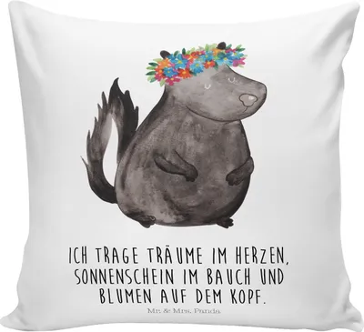 Produktbild von Mr. & Mrs. Panda Dekokissen Stinktier Mädchen - Weiß - Geschenk, Kissen 40x40, Yoga, wohnzimmer, bedruckt, Wildtier, Skunk, kuschelkissen, Raubtier, Sofa, Namaste
