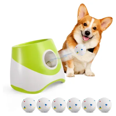 Produktbild von Ballmaschine für Hunde mit 6 Tennisbällen (5,8 cm), automatische Wurfmaschine mit 3 Wurfweiten von 3-9 m, interaktives Spielzeug für kleine Hunde