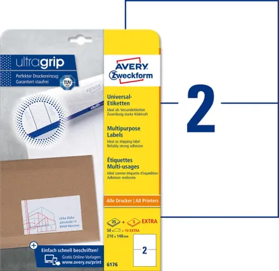 Immagine prodotto di Avery Zweckform® 6176 Etichette universali ultragrip - 210 x 148 mm, bianco, 60 etichette, permanente