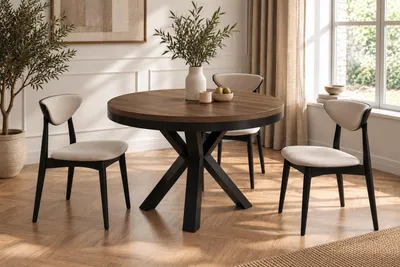 Produktbild von Runder Ausziehbarer Esstisch im Loft-Stil - Industrieller Tisch mit Schwarzen Metallbeinen - Platzsparender Tisch für Wohnzimmer - Nussbaum Braun - 100 bis 180 cm