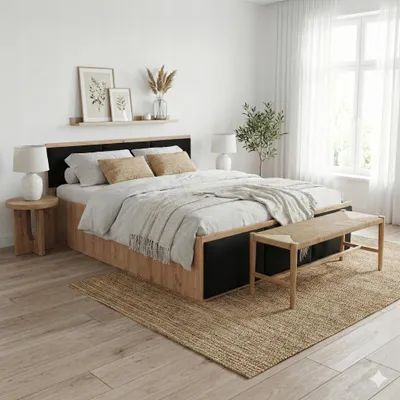 Produktbild von Komvortowy | Polsterbett 120x200 Cm | EICHE CRAFT GOLD | Doppelbett Mit Metall-Lattenrost & Gasdruckfeder |SCHWARZES POLSTERPANEEL| Bettkasten Ohne Bodenplatte | Stauraumbett | Hochklappbar