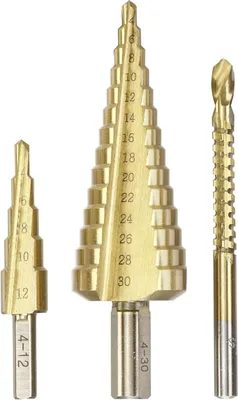 Produktbild von Stufenbohrer-Set, 3-teilig mit Fräsbohrer, 1 x 4-12 mm, 1 x 4-30 mm, 1 x 6 mm, titan-nitriert