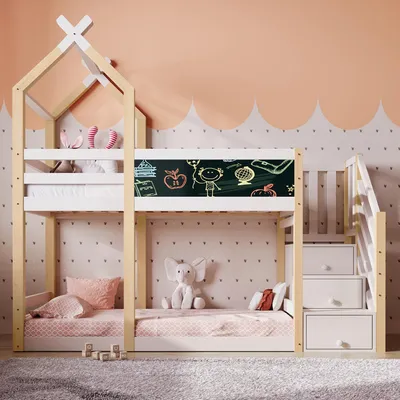 Produktbild von MODFU Etagenbett Kinderbett 90x200cm mit Tafel, Hochbett mit Rausfallschutz, Baumhaus Massivholzbett Stockbett mit Lattenrost, Jugendbett Bettgestell, Natur & Weiß