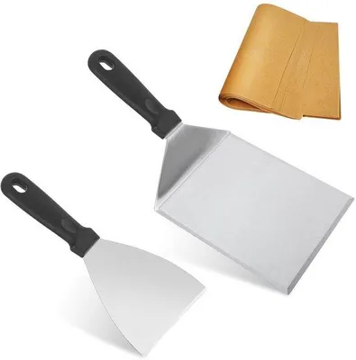 Productafbeelding van Set van grillspatels met houten handgreep en roestvrijstalen bladen - Wegwerpartikelen voor de barbecue - Dubbele grillspatels - Hittebestendig en duurzaam