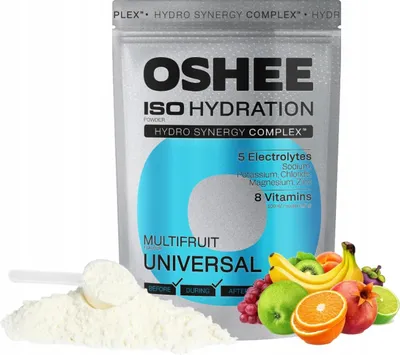 A pouch of OSHEE Iso Hydration powder with a scoop of powder and a pile of fresh fruits in front of it.
