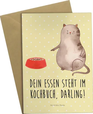 Produktbild von Mr. & Mrs. Panda Klappkarte Katze Fressen - Gelb Pastell - Geschenk, weihnachtskarten, einladungskarten, osterkarten, osterkarte, Grußkarten