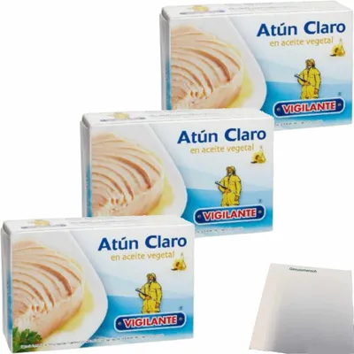 Produktbild von Vigilante "Thunfisch in Pflanzenöl" Atún en aceite vegetal 3er Pack (3x111g Dose) + usy Block