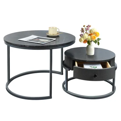 Produktbild von Treeboy®Couchtisch mit Schubladen,Satztisch,grau, 2er-Set,Beistelltisch, grauener Rahmen,runde Tische mit Marmormuster,Wohnzimmer,Schlafzimmer