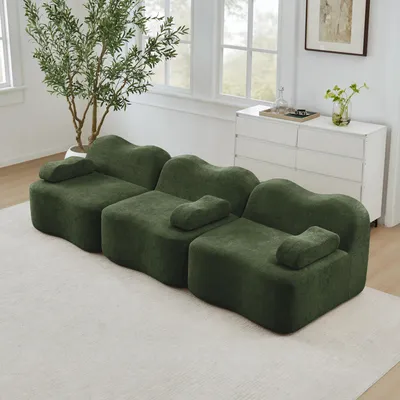 Image de Canapé modulable trois places de forme ondulée, velours, mousse 32D, assise profonde, 288 x 98 x 70 cm, vert