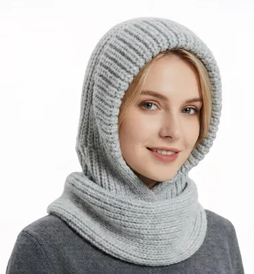 Immagine prodotto di Berretto da donna in lana, modello invernale, con fodera in pile e sciarpa con cappuccio, colore grigio