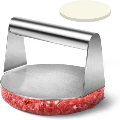 Productafbeelding van Famanu burgerpers, 14 cm – van roestvrij staal, met antiaanbaklaag en 100 bakpapieren