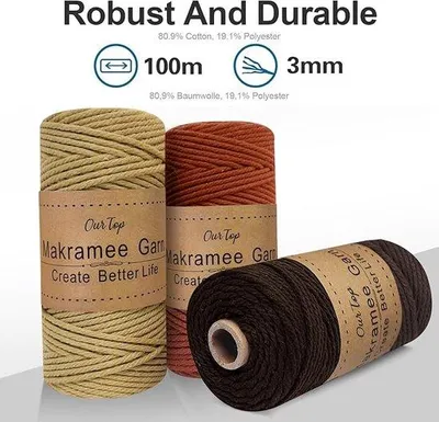 Zdjęcie produktu dla Nici do makramy, 3 mm x 100 m, zestaw 3 sztuk, do rękodzieła i projektów DIY