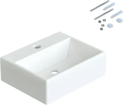 Produktbild von AQUABATOS Aufsatzwaschbecken Waschbecken Keramik Waschtisch Handwaschbecken, mit Hahnloch, Weiß, Eckig 38.5 x 30.5 x 12 cm