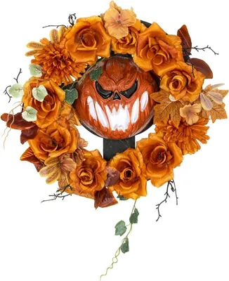 Productafbeelding van Halloween krans, griezelig pompoenontwerp, herfstbladeren, lichteffecten, kunststof
