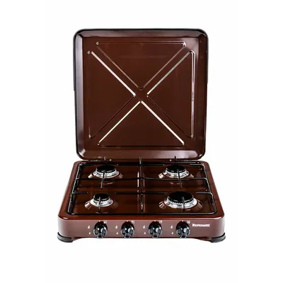 A brown portable gas stove with its lid open, set against a white background.