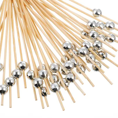 Productafbeelding van Houten Cocktailspiesjes met Zilveren Discokogel - 100 stuks - 12 cm