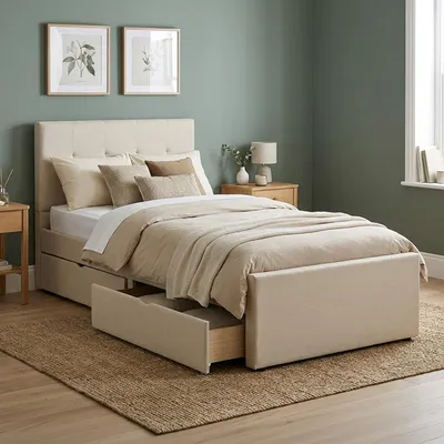 Produktbild von Homestyle4u Polsterbett 90x200 Beige Einzelbett Bettgestell 2 Schubladen mit Lattenrost