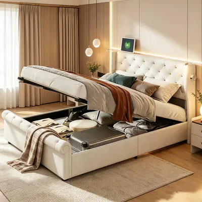 Produktbild von INONEFT Boxspringbett 140×190 mit Leselampe &USB ,Polsterbett mit Stauraum,Hydraulisches Doppelbett, Samt, Beige.