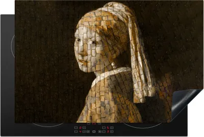 Produktbild von KitchenYeah© Herdabdeckplatte Mädchen mit Perlenohrring - Vermeer - Mosaik , 81x52cm, Küche Deko, Glaskeramikkochfeld Herdabdeckung, Abdeckplatte fùr Kochfeld