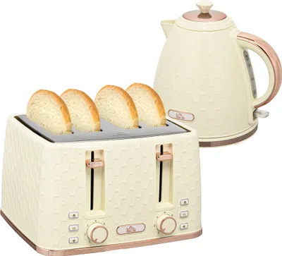 Produktbild von HOMCOM Wasserkocher Toaster Set 1,7L Wasserkocher 4 Toastscheiben Frühstücksset mit 7 Bräunungsstufen, Auftau- & Aufwärmfunktion und Krümelfach, Beige