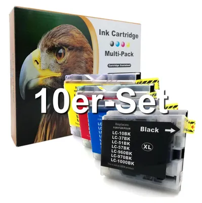 A set of ink cartridges is displayed in front of a box with an eagle image.