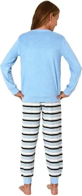 Produktbild von Mädchen Schlafanzug, Frottee Pyjama mit Bündchen und süßem Motiv - Streifenoptik ; blau , 152