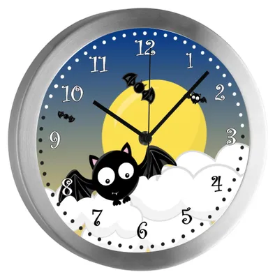 A cartoon clock with a bat on clouds against a moonlit sky.