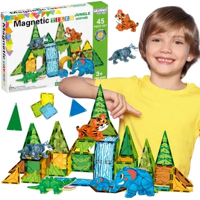 Produktbild von Woopie Magnetische Konstruktionsblöcke, 3D-Lernset, Dschungeltiere, 45-teilig.
