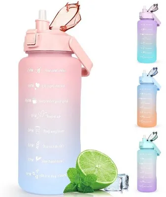 Imagen del producto de Botella deportiva de 2 litros con marcador de tiempo y tapa, de 2000 ml, resistente a fugas, sin BPA, con asa, portátil, de color morado