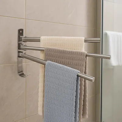 Produktbild von Handtuchhalter Ohne Bohren 180° Schwenkbar, 3-armig Handtuchhalter aus 304 Edelstahl, 2 Installationsmethoden, Gebürstet Handtuchhalterung für Bad und Küche,Silber