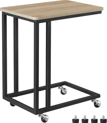 Produktbild von Beistelltisch Eichen Holz mit Metall, Sofatablett B 50 x H 60 x T 35 cm, Laptop Ständer, Betttisch oder Nachtischschränke im Skandinavischen Design, Tabletttisch auf Rollen,