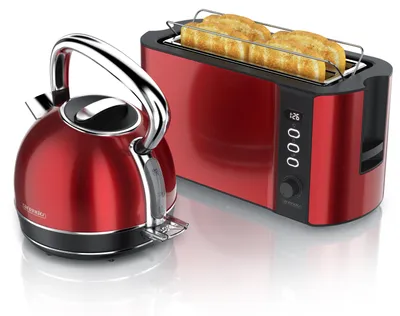 Immagine prodotto di Set per colazione Arendo, bollitore vintage da 1,7 litri con 2200 W e tostapane FRUKOST per 4 fette, entrambi in acciaio inossidabile, design retrò, set da cucina, 2 elettrodomestici, colore rosso, Immagine generata dall'IA