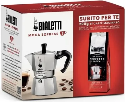 Italienische Kaffeemaschine + 1 Coffee Perfetto Moka Classico  BIALETTI  MOKA  3 Tassen  0,30 l  Packung mit 250 g  Silber