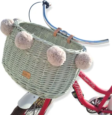 Produktbild von Großer olivgrüner Weidenfahrradkorb mit Dumpy-Gurten und Pompons